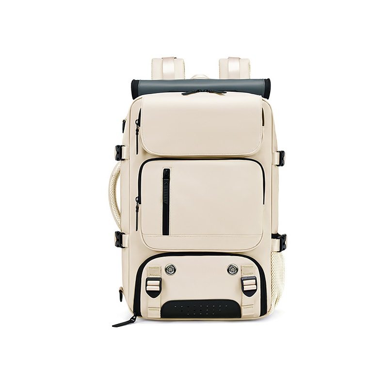 Beige Large Capacity 16-Inch Laptop Travel Backpack - Anti-Theft Professional Business Bag with Spring Buckle - Durable Oxford Cloth Outdoor Rucksack for Men and Women