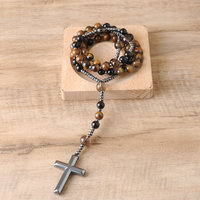 Colliers de prière catholique en pierre naturelle œil de tigre de 8 mm avec pendentif croix, collier pour homme, bijoux de méditation