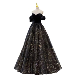 Off-Shoulder Sequined Evening Gown Black Ball Gown Women's Banquet Performance Dress Natural Waistline - Product Image 5