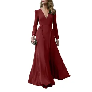 Boskims Women Party Evening Clothing Long sleeve Dinner Ball Gown V Neck Elegant Long Solid Maxi Dress With Belt