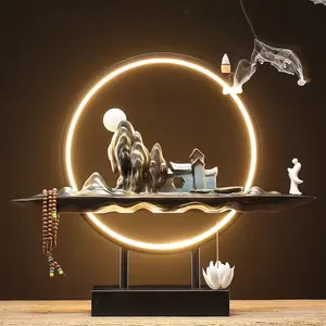 Resin Backflow Incense Burner Zen LED Lamp Circle With Mountain Smoke Waterfall Holder Ornament For Home Office