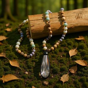 Женское ожерелье с натуральными камнями: пикоидный яшм, амазонит, африканская бирюза, длинный кулон-подвеска из хрустального стекла в форме капли - Product Image 1
