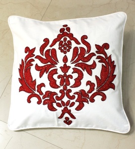 Square <b>White</b> <b>Cushion</b> Cover With Red Embroidered Damask Pattern Classic Home Decor Pillow Case - Product Image 1