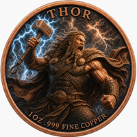 Pièce commémorative ronde en cuivre fin 99,9 % de 1 oz, avec finition antique et motif en relief du dieu nordique Thor et de son marteau Mjolnir, design de collection, objet de décoration et cadeau