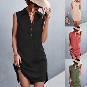 Robe en lin pour femme, col rond, sans manches, décontractée, unie, froncée, naturelle, ample, mi-longue, formelle – Grande Vente - Product Image 1