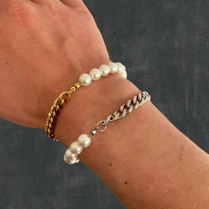 Mode Retro Heren Parel Ketting Vrouwen Half Parel Halve Ketting Ketting Rvs Zilver Cubaanse Link Ketting Kraag - Product Image 6