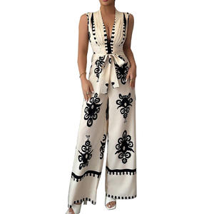 Combinaison d'été une pièce pour femmes Sexy col en V <span class=keywords><strong>Beige</strong></span> White Party Jumpsuit Elegant High Waist Trousers Sleeveless Top Playsuits - Product Image 5