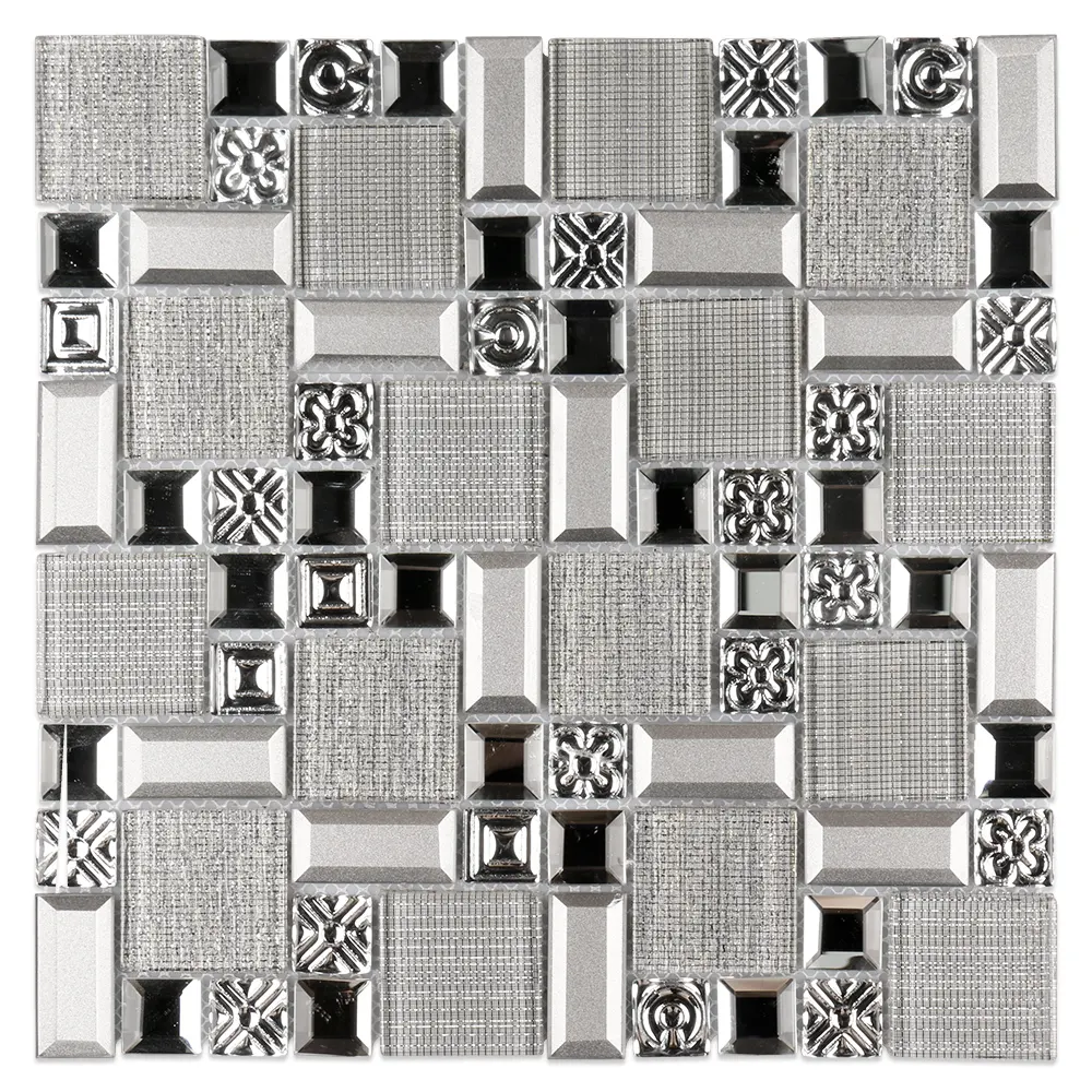 Modern new design bathroom wall flower pattern 3D beveled edge silver glass mosaic