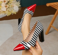 Sepatu Wanita Ukuran Besar Model Pointed Toe Shallow Pumps Hitam & Putih Bergaris Hak Tebal Tinggi Bahan PU Sol TPU Ukuran 40-43