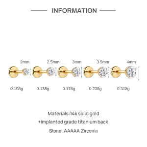 Pendientes de Cartílago Minimalistas de Oro Sólido de 14K con Zirconia Redonda, Ligeros, de Titanio G23 con Parte Trasera Plana, Joyería de Piercing para Mujer - Product Image 3