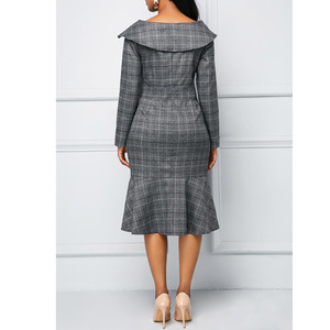 Vestidos Gingham de manga larga para mujer, ropa informal con cuello en V para oficina y otoño - Product Image 3