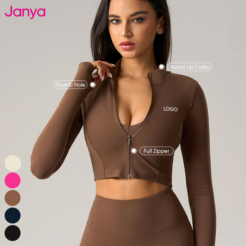 Janya Women's Gym Fitness Jackets Long Sleeve Sports Coat Stand Collar Full Zip Yoga Jacket Activewear Short Adults Breathable