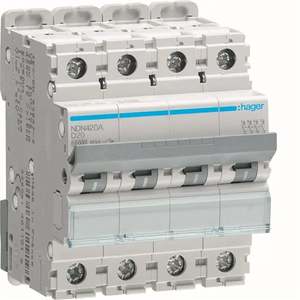 Interruttore automatico miniaturizzato Hager NDN420A personalizzabile 10000A 15kA 4P curva D 20A 4M - Product Image 1