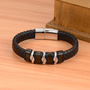 <b>Leather</b> <b>Bracelet</b> Magnetic Stainless Steel Men's Cuff Geometric Design Gift Jewelry 7.5 8.5 9 Inches - Product Image 2