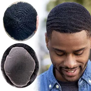 Afro Toupee for Black Men Curly Weave Brazilian Hair System All Pu  Injection Hair Unit for Black Men (1B# Natural Black,6MM Afro)
