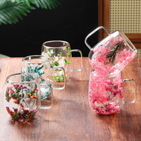 Verre à vin, café ou thé à double paroi avec poignée, originalité : fleur séchée à l'intérieur