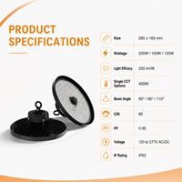 Lámpara LED UFO High Bay para Almacenes, 4000K, CCT Única, IP65, IK08, 7 Años de Garantía, Liteon 5050 LED, 200 lm por W, Lente de PC, 120W, 150W, 200W