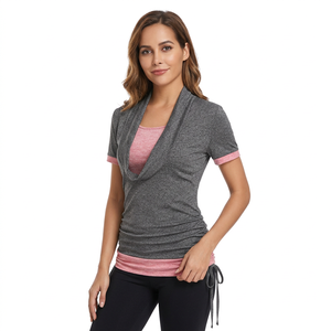 Haut décontracté tricoté à manches courtes gris et rose pour femme, col écharpe, dentelle, blocs de couleur, longueur normale, Spandex Polyester - Product Image 1