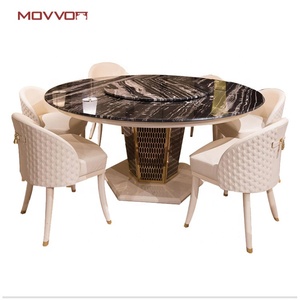 Plateau <span class=keywords><strong>en</strong></span> marbre rond double épaisseur de luxe et table à manger avec plateau pivotant <span class=keywords><strong>en</strong></span> acier inoxydable à base dorée - Product Image 2