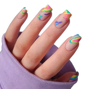 <span class=keywords><strong>Uñas</strong></span> postizas cuadradas con estampado de arcoíris, <span class=keywords><strong>Uñas</strong></span> postizas con cobertura completa, diseño mediano - Product Image 1