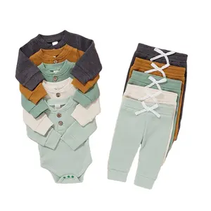 2 adet toptan kış bebek giysileri katı elastik uzun kollu Bodysuits pantolon elbise setleri