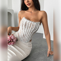 Top corset élégant en dentelle florale pour femmes, bustier sexy sans bretelles, dos ouvert, bustier à armatures, tube top Y2K, soirée en boîte de nuit, corset en maille