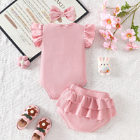 Vêtements de Pâques pour bébés filles, ensemble de tenue printemps-été, adorable combinaison côtelée à volants avec motif de lapin de dessin animé et culotte bouffante avec bandeau à nœud