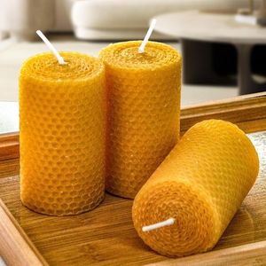 Bougie pilier en cire d'abeille naturelle, bougies enroulées en cire d'abeille pure faites à la main - Longue durée de combustion, bougies en cire d'abeille nid d'abeille pour la maison - Product Image 4