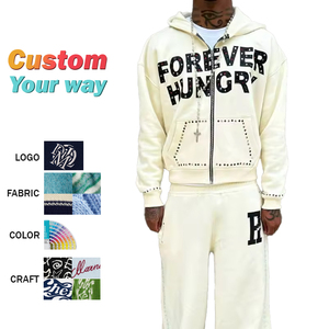 2025 Custom Street Hip Hop Style Hombres Conjunto de alta calidad Cremallera de lujo Sudadera con capucha con estampado de pantalla Rhinestone Ropa de hombre de gran tamaño - Product Image 1