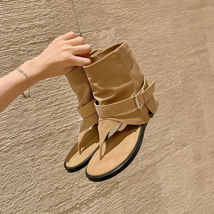 Trendy Round Toe Thong Boots for Women's 2026 Spring Summer New Arrival Western Style Mid Calf Strappy Sandals - Product Image 6