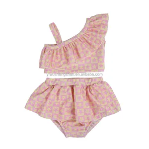 New Arrivals Two Pieces Little Girls Swimsuits Ruffle Stitching Star Plaid Print Children Girls Sleeveless Swimwear