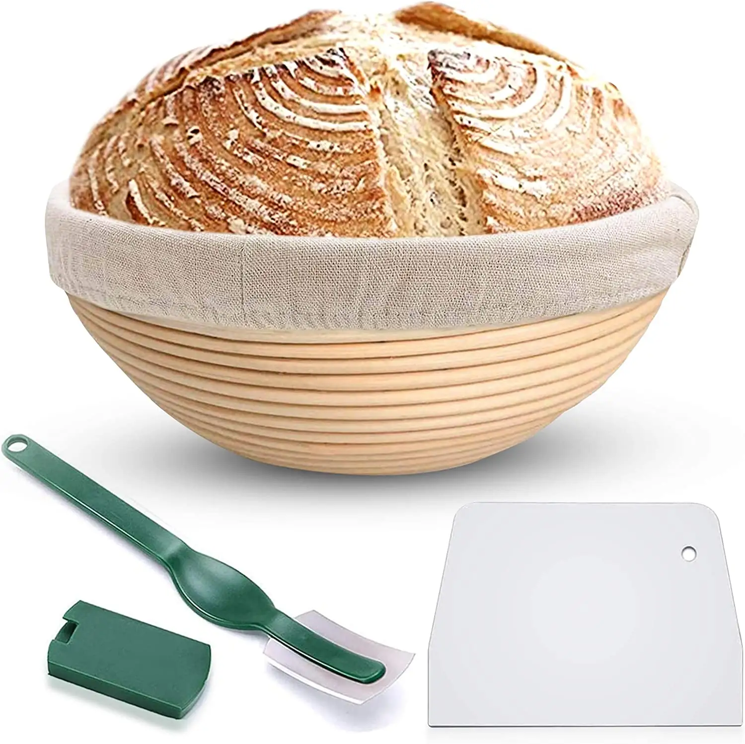 2024 10 Inch Bread Proofing Basket Set Cloth Liner Dough Scraper and Bread Lame for Professional & Home Bakers