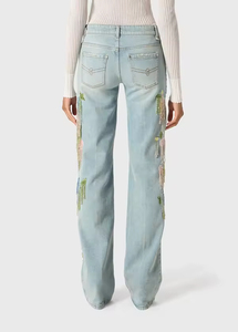Jean droit décontracté chic et vintage pour <span class=keywords><strong>femme</strong></span>, taille <span class=keywords><strong>mi</strong></span>-haute, avec franges et pompons colorés sur le côté, bleu clair, idéal pour le printemps - Product Image 3