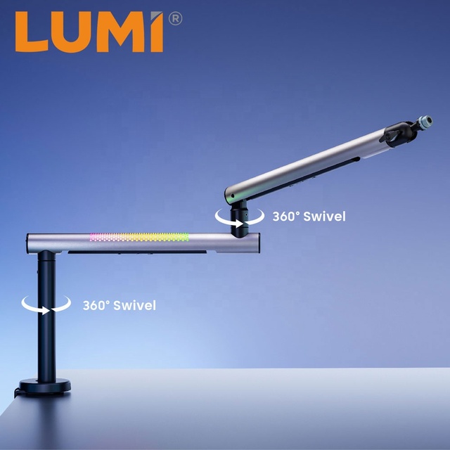 Professional Microphone Boom Arm Aluminum Low Profile RGB Light Adjustable PC Microphone Stand Mic Mount with Extension Riser