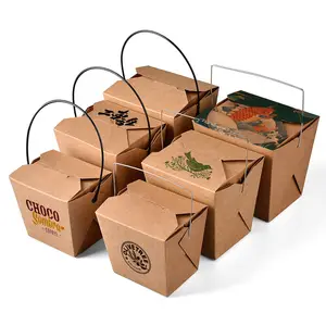 Custom 26oz chinese square food pail / kraft paper noodle takeout box takeaway packing box