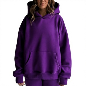 Sweat-shirt à capuche surdimensionné pour femme, couleur unie violet, en molleton de coton, manches longues, vêtement décontracté d'automne - Product Image 1
