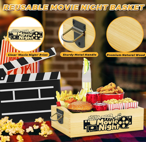 Bandeja para Palomitas de Maíz Reutilizable, Cesta Organizadora de Aperitivos, Caja de Madera para Noche de Cine, Bandejas de Madera para Aperitivos con Asa - Product Image 6