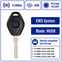 Clé transpondeur de voiture pour BMW 315MHz 433MHz ASK PCF7935 44CHIP Système EWS Lame de clé HU58 HU92 Séries 3 5 7 X3 X5 Z3 Z4 325 325i