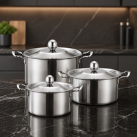 Ensemble de casseroles en acier inoxydable poli miroir, 3 pièces, avec poignée à oreilles courbées, couvercle à bouton sphérique, cylindre profond, compatible induction et gaz