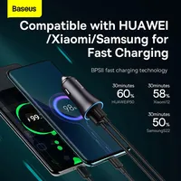 Chargeur de voiture Baseus 60W USB Type C Charge rapide QC 4.0 PD 3.0 Chargeur de voiture à charge rapide pour iPhone 13 12 Pro Max Xiaomi Samsung