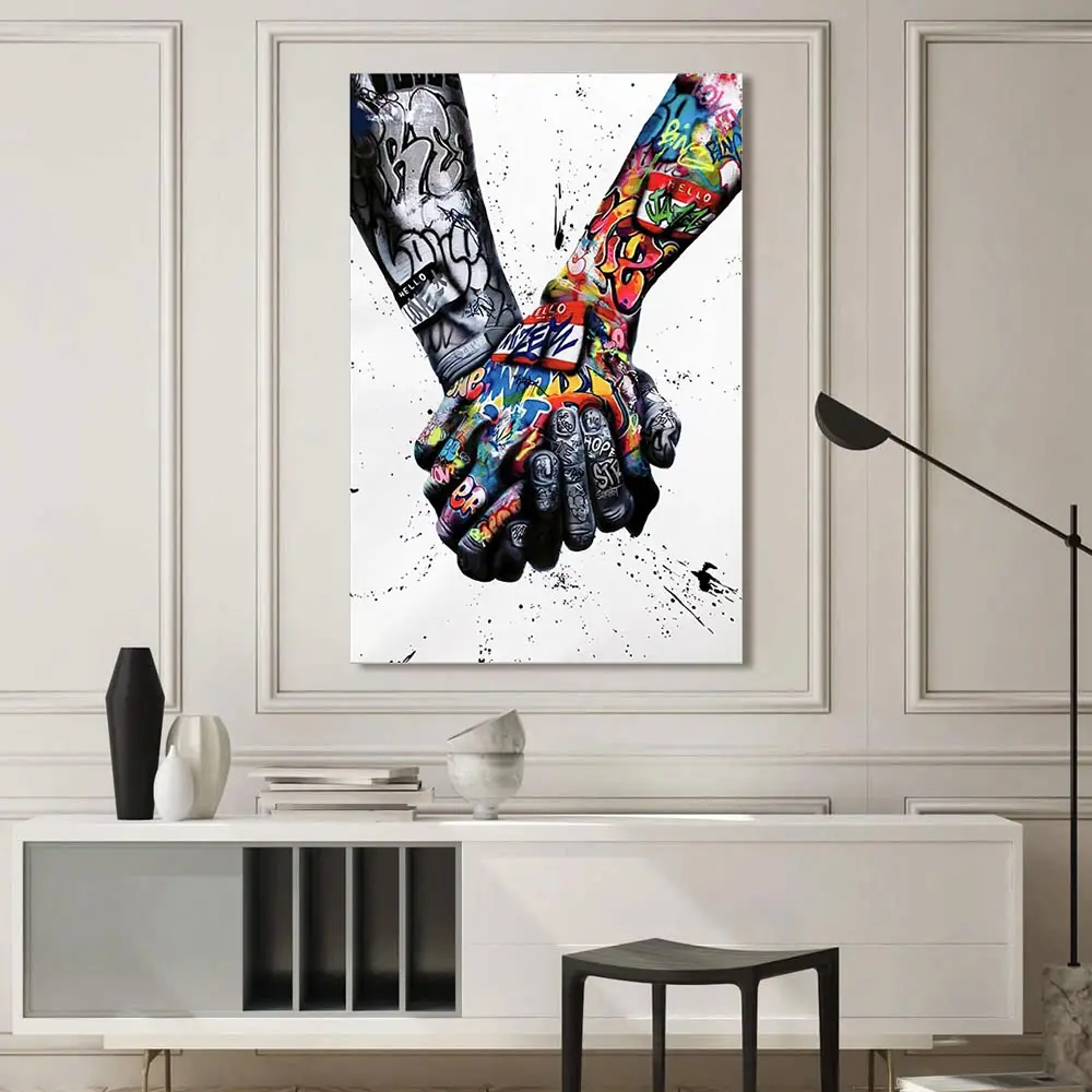 Factory wholesale graffiti two jointed hands wooden frame decorative canvas paintings wall art