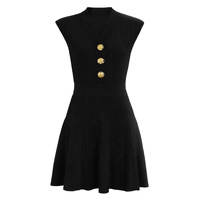 Automne hiver femme tricoté col en v sans manches mode couleur unie tricots courts Mini robes élégant bureau dame vêtements