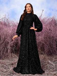 Gaun malam wanita, minimalis kerah berdiri lengan lentera elegan pinggang berkilau kerut payet dekorasi gaun malam Prom 2025 - Product Image 2