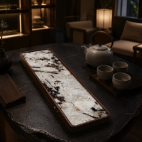 Plateau à thé en quartzite bleu paon FANCY STONE, table à thé en pierre naturelle avec cadre brun pour un service à thé de luxe