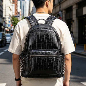 Crocodile Pattern Men's <b>Backpack</b> Black <b>Large</b> Capacity Laptop Bag With Studs Multi Functional Everyday Use - Product Image 1