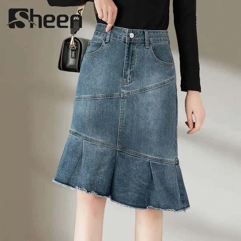Wholesale Custom Women Belt Loops Semi-Fitted Front Split Flared Midi Ruffle Fishtail Denim Skirts