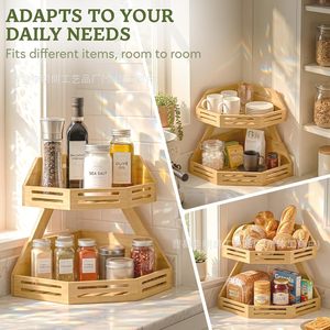 Panier de rangement en bois à double couche pour organiser les épices, le pain, les fruits et les légumes sur le comptoir de cuisine - Product Image 1