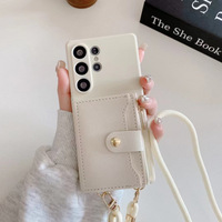 Étui portefeuille minimaliste à bandoulière pour Samsung Galaxy S25 Ultra S24 S23 FE S9 avec pochette zippée pour cartes, en PU, protection intégrale et cordon