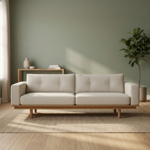 Canapé 3 places en teck moderne avec coussin en tissu capitonné et accoudoirs carrés - Product Image 2