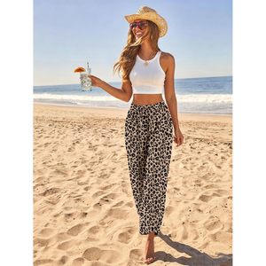 FOXA Womens <b>Harem</b> Pants Leopard Print Wide Leg Casual Capri With Pockets Breathable Beach Wear - Product Image 2